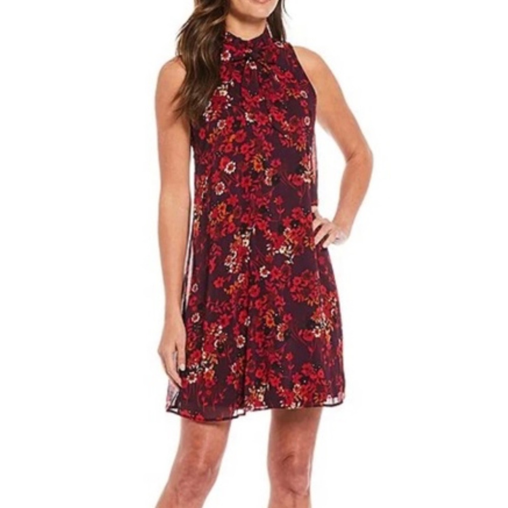 Calvin Klein Womens Dress Size 14 Burgundy Floral Sleeveless Mock Neck Tie